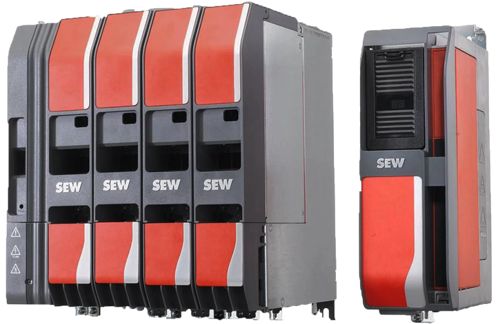Row of SEW servo drive modules with red covers mounted in a chassis; a single SEW drive unit stands to the right.
