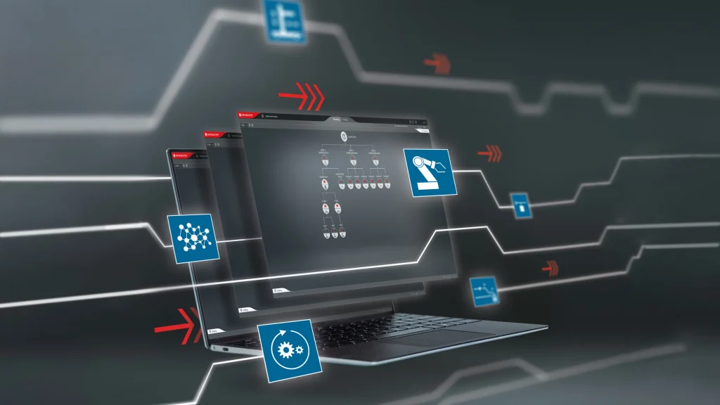 Laptop with a dark analytics dashboard and floating blue icons representing interconnected software components, illustrating IT systems.",