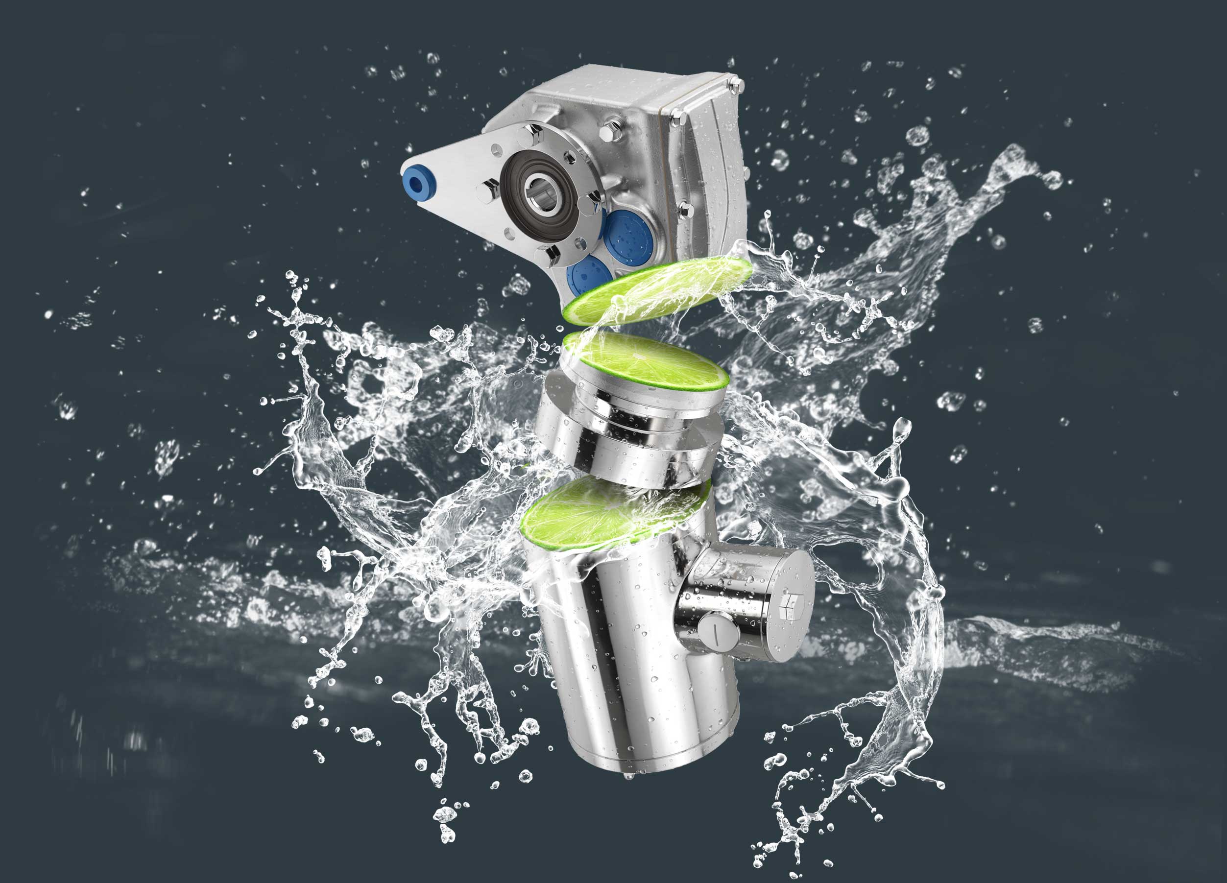 Metal robotic actuator with blue seals surrounded by water spray and lime halves.